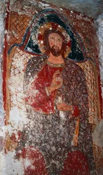 Christus de Leraar, fresco in crypte, Heiligdom van Maria van de Trappen (18e eeuw), Massafra, Puglia, Italië