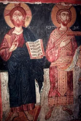 Christus met Sint Constantijn Timios Stavros tou Agiasmati kerk, Heilig kruis van Agiasmati 15e eeuw Cyprus Geschilderde kerken UNESCO-site Troodos, Cyprus