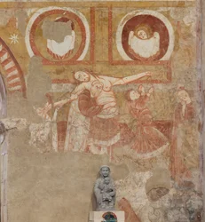 Kerk (Église Saint-Martin). Interieur. Muurschilderingen (fresco). Westmuur van het schip. Detail. Kruisafneming. 12e eeuw.