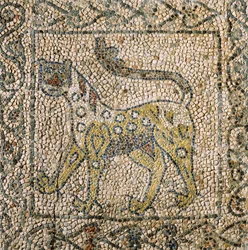 Kerk van Sint Johannes Evangelist, Vierde Kruistocht, Fragmenten van mozaïekvloeren die gevlekte panter voorstellen, Ravenna, Emilia-Romagna, Italië