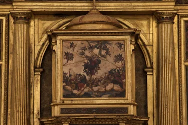 Collegiale kerk. Interieur. Het hoogaltaar. Detail. Midden. Schilderij. Olie op agaat. 1624.