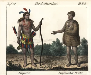 Kostuum van Powhatan Indianen van Virginia (VS): een krijger en een priester van Secota. Lithografie voor het boek: “Galerie complete en tableaux fideles des peuples d