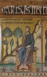 Cyclus van mozaïeken over het Oude Testament, cyclus van de Schepping: "De Rust van de Schepper op de Zevende Dag", 12e eeuw, De Palatijnse Kapel, Het Koninklijk Paleis of Palazzo dei Normanni, Palermo, Sicilië, Italië