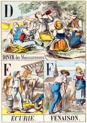D E F : Diner van de maaiers, Stal, Hooien - "Alfabet van de boerderij" eind 19e eeuw (gravure)