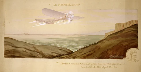 Begin van de luchtvaart: John Moisant voert de eerste passagiersvlucht uit over het Kanaal met zijn monteur in zijn Bleriot tweezitter op 17 augustus 1910