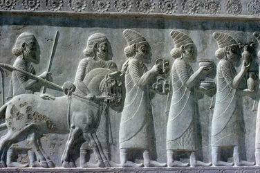 Detail van het reliëffries op de oostelijke trap naar de Apadana (audiëntiezaal) met Lydische afgevaardigden die geschenken dragen voor een ceremonie, Achaemenidische periode, ca. 515 v.Chr.