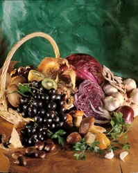Dieet: stilleven van zwarte druiven, knoflook, ui, knoflookteen, peterselie, champignon, kastanje, kiwi en rode kool.