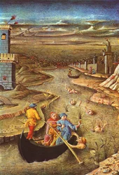 Goddelijke Komedie: Dante en Vergilius, gedragen door Charon, ontmoeten de verdoemde Filippo Argenti (miniatuur)