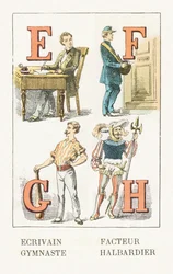 E - Schrijver; F - Postbode; G - Gymnast; H - Helmbosridder - Kinderalfabet, Editions Gordinne 1920 (gravure)