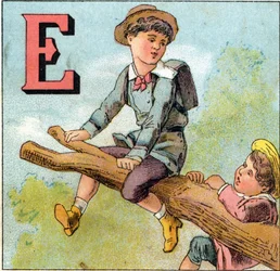 E letters: jongen in balans op een tak. Gravure in "Alphabet des petits ecoliers". Imaging van Epinal, circa 1885. Privee Collectie