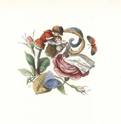Elf flirt met een fee op een rozenbloem. Handgekleurde houtsnede door Edmund Evans naar een illustratie door Richard Doyle uit In Fairyland, een serie afbeeldingen uit de Elf Wereld, Longman, Londen