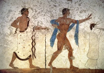 Ephebos-jongere voorafgegaan door een muzikant en een ceremoniemeester, uit Het Graf van de Duiker, 480 v.Chr.