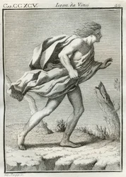 Etude di un uomo che cammina contro il vento, con le vesti e i capelli scompigliati dalle folate e il corpo sbilanciato in avanti. Gravure uit 