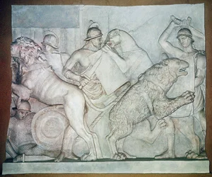 Gevecht tussen beesten en gladiatoren, Bas-reliëf, Villa Torlonia, Rome