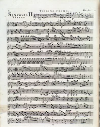 Eerste pagina van muzikale partituur voor viool in Symfonie nr. 2 door J Haydn