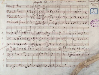 Eerste pagina van de partituur voor vier cello