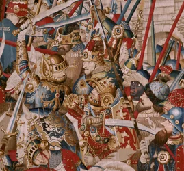 Vlaamse wandtapijt. Serie De Trojaanse Oorlog. Tent van Achilles (La Tienda de Aquiles). Zesde wandtapijt in de serie. Model Coëtivy Meester (Henry of Conrard de Vulcop). Manufacture Tournai werkplaatsen. Ca 1470. Stof Wol en zijde, 6/7 scheringen per cm. 