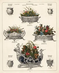 Bloemenstandaards, bloemenschaaltjes, vazen en jardinières. Lithografie uit een catalogus van metalen producten vervaardigd door Wuerttemberg Metalware Factory, Geislingen, Duitsland