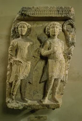 Fragment van een bas-reliëf plaquette met twee soldaten, uit Palmyra, 2e eeuw