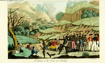 Franse ontdekkingsreizigers tekenen inboorlingen op het eiland Ombai (Ombay), Indonesië
