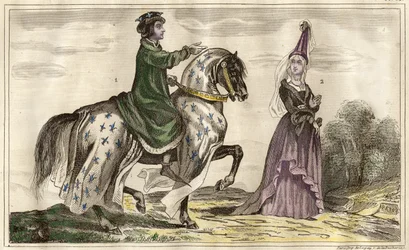 Franse koning Karel IV (1322) en Jeanne de Flandre (1295-1374) gravin van Montfort (1340), gravure door Rebel