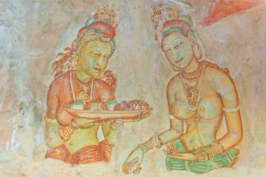 Fresco; vrouw met ontbloot bovenlijf en bloemen; Apsaras; UNESCO Werelderfgoed; Sigiriya; Sri Lanka; Azië