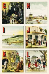 G H I J K L : grot, Hamburg, eiland, Japan, Kabylie, meer - Gravure uit Alphabet geographique. Guerin-Muller et Cie, uitgevers, Parijs