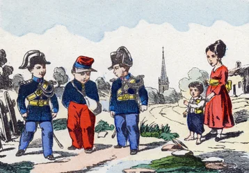 Gendarmes. Gravure in "Alphabet militaire enfantin". Imagery van Pont-a-Mousson, circa 1890.