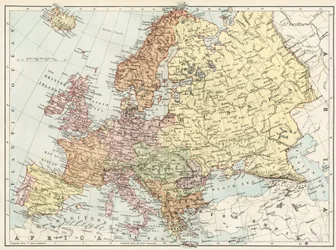 Geografische kaart van Europa in de jaren 1870. 19e-eeuwse kleurenlithografie