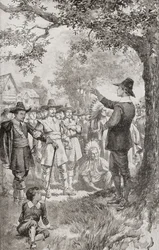George Fox die in 1671 in Maryland, Amerika, predikt voor een menigte tijdens een vierdaagse bijeenkomst van lokale Quakers. George Fox
