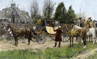 George Washington (1732-1799) begroet door zijn buren toen hij Virginia verliet om zijn taken als president van de Verenigde Staten op zich te nemen in 1789. Kleurengraving uit de 19e eeuw.