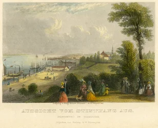Duitsland, Hamburg, Elbhoehe, uitzicht vanaf de Stintfang op de Elbe, oudgekleurde staalgravure van A. H. Payne, Leipzig, uitgegeven door G. W. Niemeyer, rond 1850