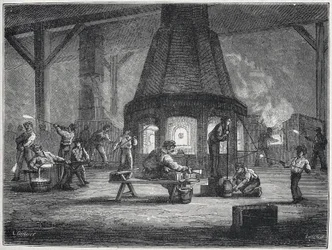Glasblazen in de tweede helft van de 19e eeuw: kinderen aan het werk, ca. 1880 (gravure)
