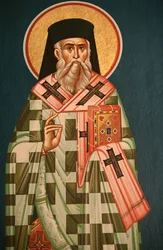 Grieks-orthodoxe icoon die een heilige bisschop uitbeeldt Thessaloniki Griekenland