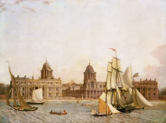 Greenwich Hospital (Engeland), vanaf Isle of Dogs (noordelijke oever van de Theems), met de navigatie van verschillende boten op de rivier