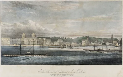 Stoomschepen van de Greenwich Transport Company (Greenwich, Royal Tar, Gipsy, Water Lily en Fly) voor de gebouwen van de Greenwich pier (Engeland)