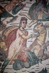 Hal van Arion. Mariene scène. Mariene wezens. Nereïden en tritons. Romeinse Villa van de Casale, Sicilië. UNESCO-site.