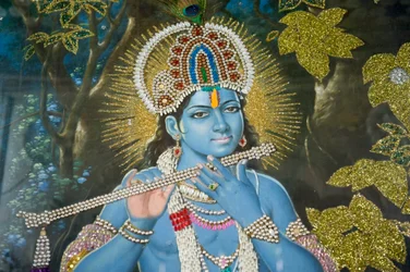 Hindoeïsme; schilderij van Heer Krishna met fluit; Durgiana Mandir Vishnu Tempel; Amritsar; Punjab; India; Zuid-Azië; Azië