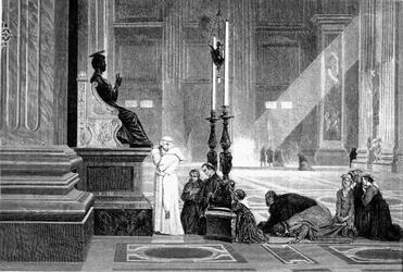Geschiedenis van het oude Rome. Paus Pius IX in gebed voor het standbeeld van Sint-Pieter in de Vaticaanse Basiliek Gravure G.Laplant 1867