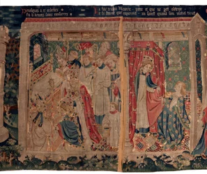 Geschiedenis van Sint Piat en Sint Eleuthère, ook wel tapijt van Arras genoemd. Besteld door kanunnik Toussaint Prier, kapelaan van de hertog van Bourgondië, eind 14e-begin 15e eeuw. Detail