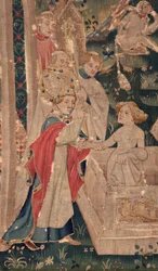 Geschiedenis van Sint Piat en Sint Eleuthère, ook wel tapijt van Arras genoemd. Besteld door kanunnik Toussaint Prier, kapelaan van de hertog van Bourgondië, eind 14e-begin 15e eeuw. 22m x 2m. Detail (tapijt)
