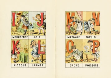 I - Onvoorzichtigheid; J - Vreugde; K - Kiosk; L - Tranen; M N O P - Huishouden, Knoop, Orde, Vissen - Gravure uit ABCD des petites filles, Pellerin & Cie, Epinal, circa 1890