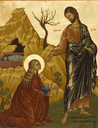 Icoon in de Melkitische kathedraal in Haifa: Maria Magdalena met de verrezen Christus, Haifa, Israël