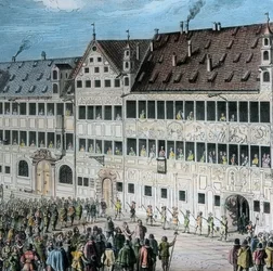 Voor het Fuggerhuis op de Weinmarkt in de stad Augsburg brengen de mensen eer aan de Zweedse koning Gustav Adolf