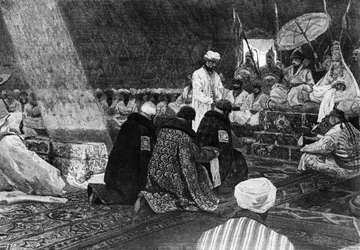 In de dagen van de Gouden Horde, afbeelding van Russen die eerbetoon brengen aan de Tataarse heersers in de 14e eeuw, naar een schilderij van A. F. Maximov