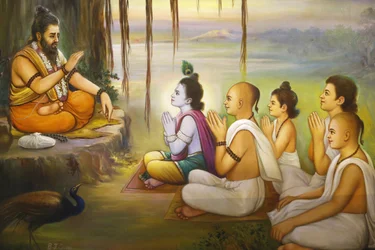 Jalaram Prathna hindoetempel, Leicester. Fresco. Krishna en toehoorders luisteren naar Balarama. Verenigd Koninkrijk
