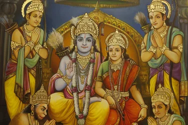 Jalaram Prathna hindoetempel, Leicester. Fresco. Ram, Sita met Lakshman aan Rams rechterkant en Hanuman knielend, en toegewijden Verenigd Koninkrijk