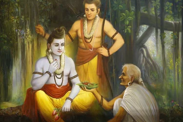Jalaram Prathna hindoe tempel, Leicester. Fresco. Rama ontmoet Shabari die voedsel aanbiedt aan Ramacandra, Verenigd Koninkrijk