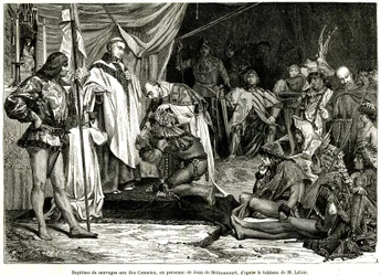 Jean de Bethencourt, Normandische heer, Baron de Saint Martin le Gaillard, veroverde en christelijkte de Canarische Eilanden in januari 1405, uit het tijdschrift "Sur terre et sur mer" nr. 28, 8 januari