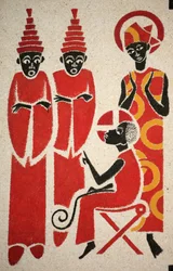 Jezus in de tempel. De fresco van de Keur Moussa abdijkerk werd ontworpen en geschilderd in 1963 door Dom Georges Saget, Keur Moussa, Senegal
